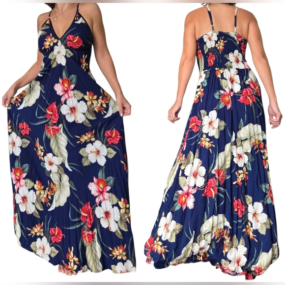 Vintage Hawaiian Floral Maxi Dress Sz Small Navy Hibiscus Tropical Cruise V-neck - Picture 1 of 13